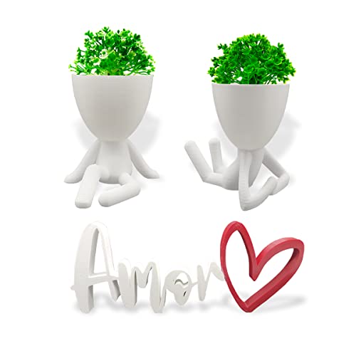 Kit Decoração Criativa Sala Cozinha Quarto - 2 Vasos bob+ Plantas artificiais+ Palavra Amor em 3D (B