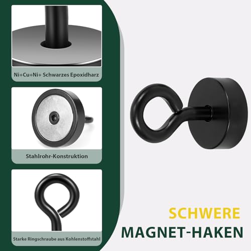 Neosmuk Magnetische Ringhaken, 10kg Heavy Duty Extra starker Magnethaken mit Ringschraube für Kreuzfahrtkabine, Magnetösenaufhänger zum Aufhängen, Cruise Essentials Haken (Schwarz, 2er Pack)
