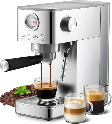 Aptliton Espresso Coffee Machines, 15 Bar, Compact Coffee Maker with Steam Wand, 1300W Semi-Automatic Coffee Machines for Cappuccino, Latte Macchiato, 1.5L Water Reservoir for Home & Office, Stainless Steel, Silver