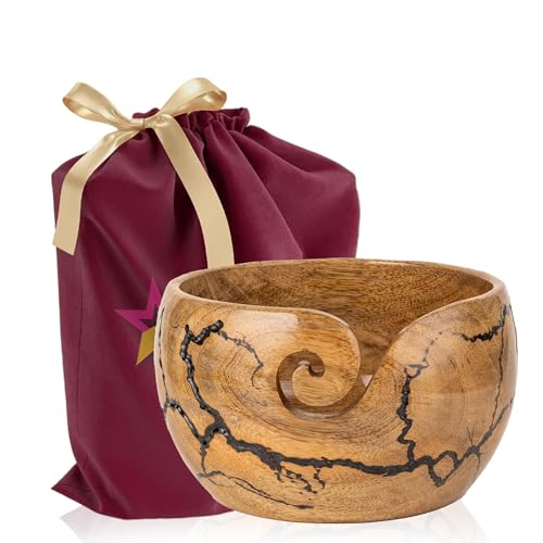 Image of Mangowood Yarn Bowl for Crocheting, Large 7x4 inch Cute Crochet Wooden Yarn Holder & Knitting Gadgets Supplies, Gifts for crocheters Handmade Bowl with Fractal Burning & Black Resin Inlay (M-Black)
