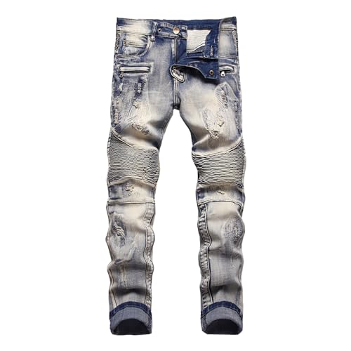 Men's Patchwork Pleated Ripped Jeans Biker Zipper Deco Washed Straight Jean Destroyed Fit Flex Skinny Jeans