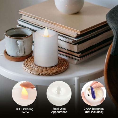 Image of 3x4 Flickering Flameless Candles Set of 1,Real Wax Pillar LED Battery Candles,with Timer,4 inch Flameless Candles with Remote,for Holiday Home Decor,White