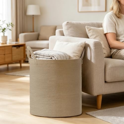 Image of 100L Extra Large Tall Cotton Rope Laundry Basket with Handles, Jute