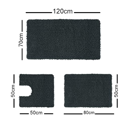 QOENIQ 3 teiliges 100 % Baumwolle Badematte 120, 80 und 50 cm Badvorleger Badteppich rutschfest (Anthrazit) – Bild 4