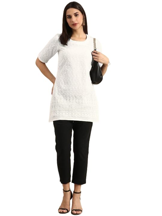 Amazon Brand – Tavasya Women Floral Chikankari Embroidered Pure Cotton Straight Short Kurti
