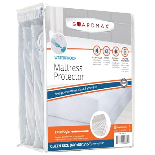 Image of Guardmax Fitted Waterproof Mattress Protector - Hypoallergenic Cover, Noiseless and Breathable - Queen Size (60x80) - Skirt Stretches to 18