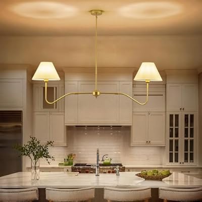 JSDORSY 2-Light Gold Modern Linear Chandelier, 55 Inch Farmhouse Kitchen Island Lighting with White Fabric Shades, Dining Room Light Fixtures for Living Room Bedroom, Height Adjustable