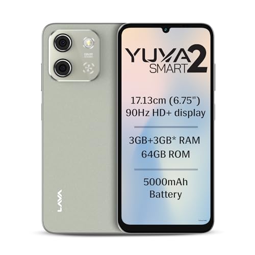 Lava Yuva Smart 2 (Crystal Gold, 3 GB RAM, 64 GB di archiviazione) | Il più grande display HD+ da 6,7 pollici | Doppia fotocamera posteriore AI da 13 MP | Batteria da 5000 mAh | Secure Face Unlock |