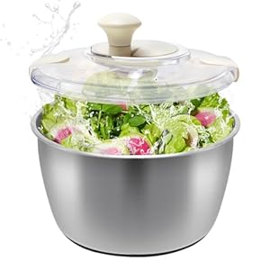 Stainless Steel Salad Spinner – lettuce spinner With lid, basin, drain frame and non-slip base,Compact Manual Spinner with Quick Spin,Spaghetti & Chip Strainer,Easy Clean,5qt