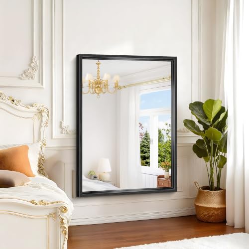 Image of Black Rectangle Mirror, 48 x 36 Inch Large Bathroom Mirrors for Over Sink, 0.6 inch Thickened Deep Frame Rectangular Wall Mirror, Brushed, Tempered Glass, Antirust, Horizontally /Vertically