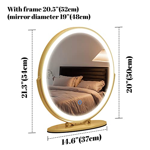 Vlsrka 20 Inch Makeup Mirror Vanity Mirror With 3 Color Lighting Modes, Touch Control Desk Mirror, 360° Rotatable, High-Definition Large Round Cosmetic Mirror, Gold #TOP2