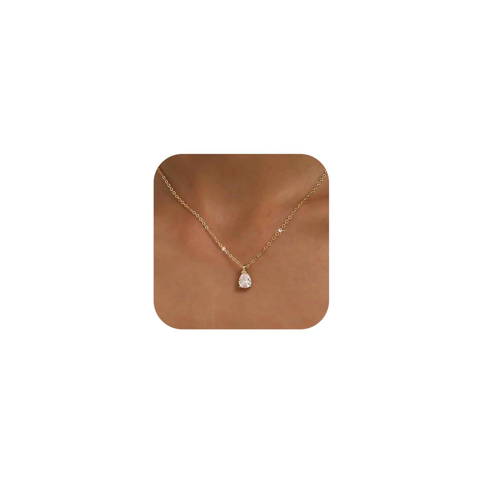 Gold Silver Necklace for Women, Dainty Cubic Zirconia Pendant Teardrop CZ Charm, 14K Gold/Sterling Silver Plated, Adjustable Chain, Hypoallergenic & Waterproof Jewelry, Cute Trendy Gift