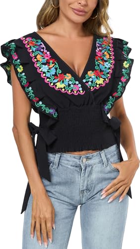 YZXDORWJ Women Mexican Embroidered Off-Shoulder Shirt Lace Falbala Top4