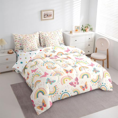 Image of Cartoon Butterflies 7 Pieces Bedding Set Queen Size,Kids Cute Rainbow Bed in a Bag,Kawaii Wildlife Bed Set Includes Comforter,Sheet Set,Pillowcases & Pillow Covers,Flying Butterfly Bedroom Decor