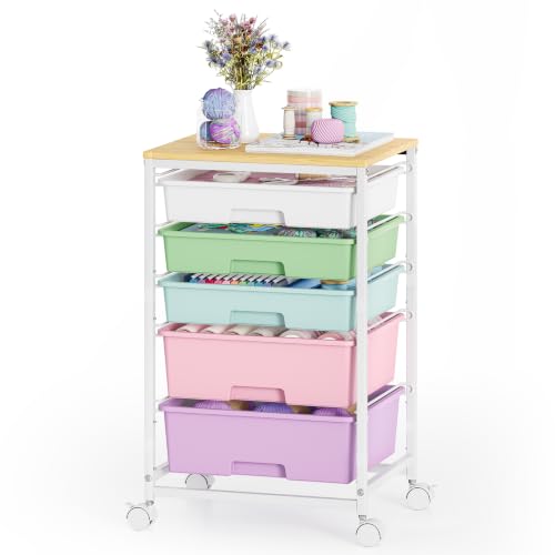 Image of SYKIARIOL 5-Tier Rolling Utility Storage Drawer Craft Cart on Wheels with Wooden Tabletop, Mobile Craft Storage Drawer Cart Trolley for Home Office, Classroom, Craft Room & Kid Room, Ice Cream