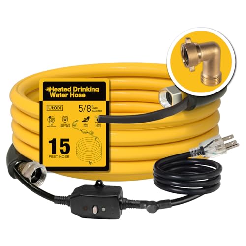 Image of UTOOL 15 FT Heated Water Hose for RV Camper with 90 Degree Elbow, NSF 372 Drinking Water Certified Garden Hose, Automatic Thermostat Antifreeze Protection to -40F, 5 /8 inch ID, 3 /4 inch GHT Adapter