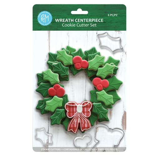 R&M International 2030 Christmas Holiday Wreath Centerpiece Cookie Cutters, Holly Leaves, Berries, Holiday Bow, 4-Piece Set