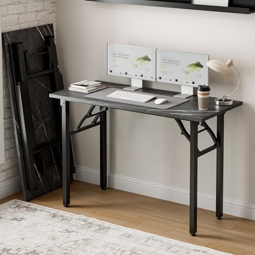 Image of Frylr Small Folding Computer Desk - Portable 44.3 Inch Foldable Laptop Table, Collapsible and Compact for Easy and Fast Setup, Lightweight for Small Spaces, Home Craft and Study Use, Marble Greige