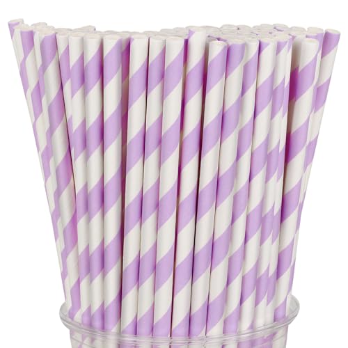 100 Packs Light Purple Biodegradable Striped Paper Straws, Disposable Drinking Straws for Birthday Carnival Summer Pool Party Wedding Baby Shower Halloween Christmas Party Decoration Supplies