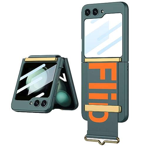 Image of BOUNCEBACK Case Cover with Strap & Back Glass for Samsung Galaxy Z Flip5 / Galaxy Flip 5 Case Cover - (Matte Green | Poly Carbonate | Leather)