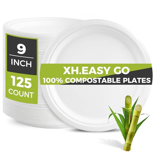 XH.Easy Go 9 Inch Paper Plates Heavy-Duty Disposable Plates Bulk [125 Pcs], 100% Compostable and Eco-Friendly Biodegradable Plate, Made of Sugarcane Fibers 9" White Dishes