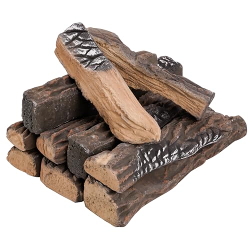 Skyflame Large Ceramic Logs for Gas Fireplace, 10 Piece Set of Heat Resistant Realistic Logs for Decorate Firepit, Gas Inserts, Ventless & Vent Free