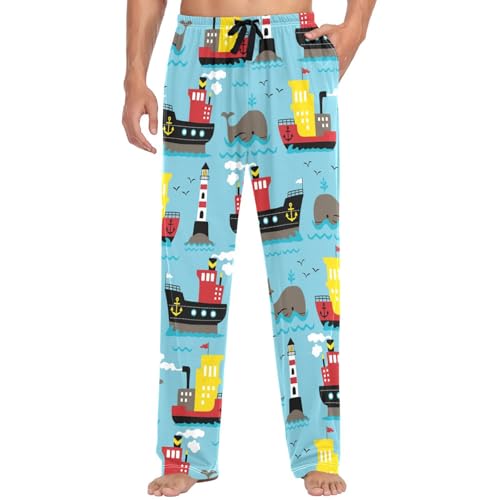 Pigsaly Men's Pajama Bottoms Cartoon Cargo Ships Whale Mens Pajama Pants Cruise Lighthouse Cotton Pj Bottoms XL