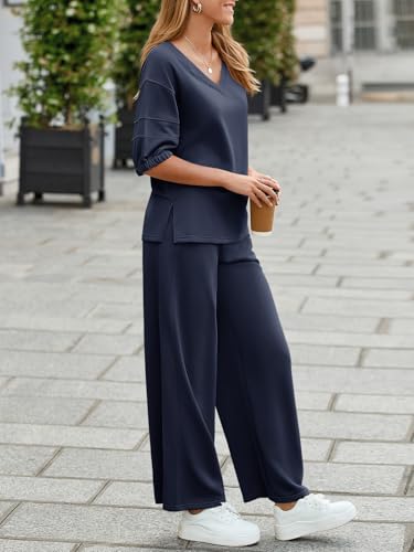 Fisoew Womens 2 Piece Lounge Sets Outfits Sweatsuits V Neck Sweatshirts Tracksuit Wide Leg Pants Fall Matching Sets4