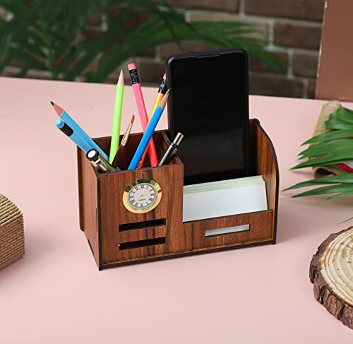 Image of Deskart Stylish Pen Stand with Clock, Business Visiting Card & Mobile Holder | Multipurpose Wooden Desk Organizer for Office Desk and Study Table