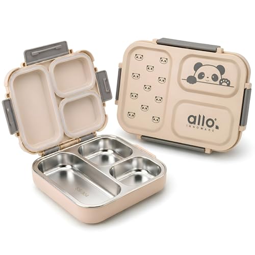 Image of Allo Bento Stainless Steel Lunch Box for Kids- BIS Approved, 304 Stainless Steel 3 Compartment Leakproof Tiffin Box for Boys and Girls for School, Travelling, Baby Snacks, 740ml Beige Panda