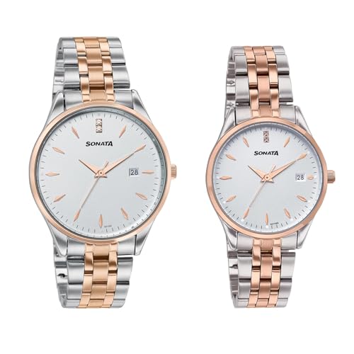 Image of Sonata Jashn with Quartz Analog White Dial IPS+IPRG Strap Men and Women (Pair) Wedding Watch - 7721087125KM01
