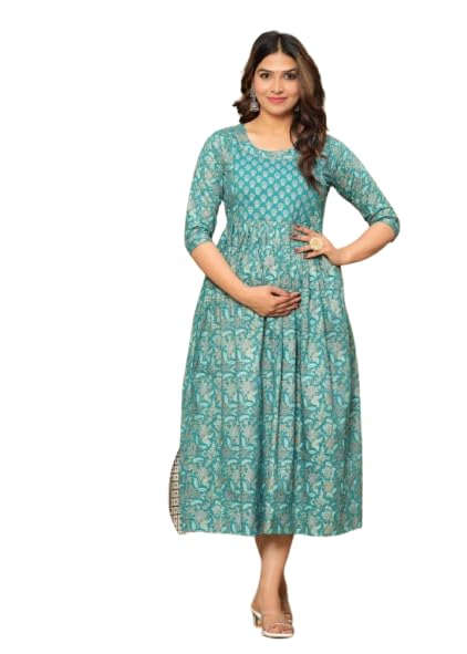 Women's Floral Print Cotton Anarkali Kurta – Ethnic A-Line Maternity & Regular Wear Dress with 3/4 Sleeves-image-12