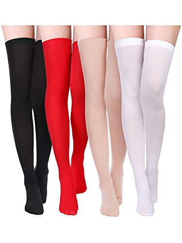 4 Pairs Women's Silk Thigh High Stockings Nylon Socks for Women Halloween Cosplay Costume Party Accessory (Black, White, Red, Skin Color, Medium)