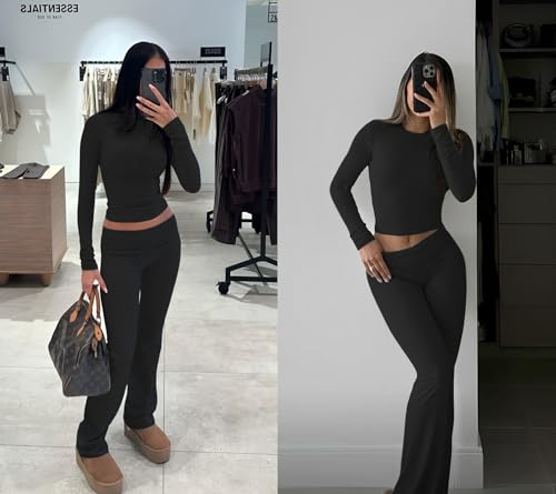 Image of YETOWA Y2K 2 Piece Outfits Tummy Control Long Sleeve Crop Top High Waisted Flare Pants Soft Knit Lounge Set