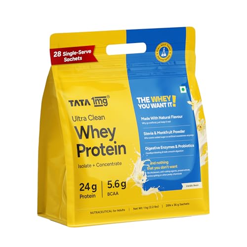 Image of Tata 1mg Ultra Clean Whey Protein Isolate + Concentrate - Vanilla Bean 1kg | 24g Protein, 5.6g BCAA & 30B CFU Probiotics-28 Sachets