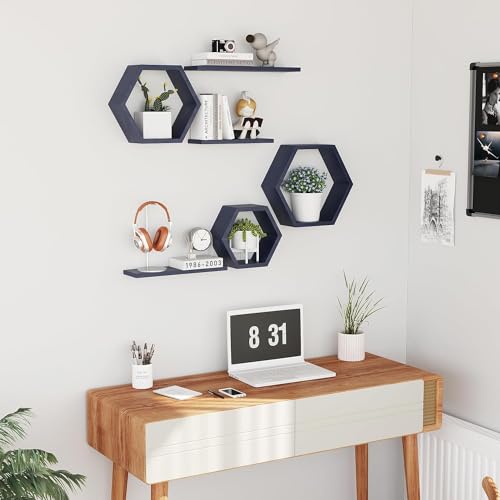 Image of Wooden Floating Wall Mounted Set of 6 Hexagon Shelves Display Shelf for Photos, Plants, Rustic Honeycomb Shelves for Living Room, Bedroom, Bathroom, Kitchen, Office (Navy)