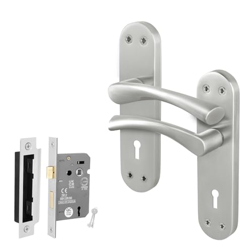EAI Satin Door Handle Key Lock Set, 1 Pair Satin Nickel Internal T-Bar Handles Backplate, Sash Lock 64mm - Novoli