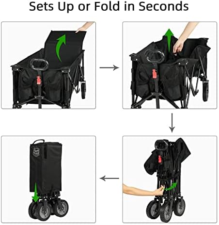 Timber Ridge Collapsible Folding Festival Wagon, Pull Along Trolley on Wheels with Adjustable Handle Cover Bag Drink Holders, Camping Outdoor Garden Picnic Shopping Beach, 100KG Weight Capacity, Black