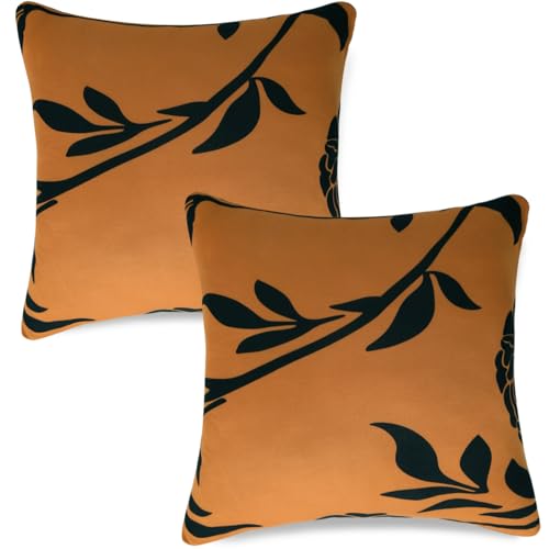Image of HOKIPO 'Elira Series' Stretchable Cushion Cover for Sofa 22x22 Inch, Packof 2, Copper Brown Floral (AR-6712-C8*2)