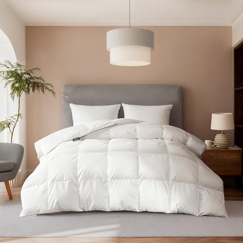 Hotel Suite Luxurious Feather and Down Comforter Duvet Insert Full/Queen Size, 100% Cotton Cover, Hotel Collection Quilts, 56 oz Fill Weight, All Season Medium Warmth 88 x 88 Inch White