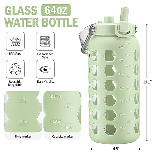 Image of MUKOKO 64oz Glass Water Bottle with Straw and Lid, Green