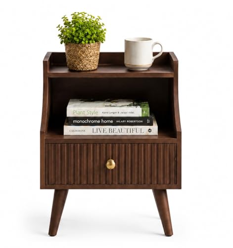 Image of ETIQUETTE ART Modern Fluted Nightstand with Drawer and Open Storage Shelf, Bedside Table with Round Edge, Boho Night Stand with Solid Wood Legs & Knob Handle End Table for Bedroom (Brown)