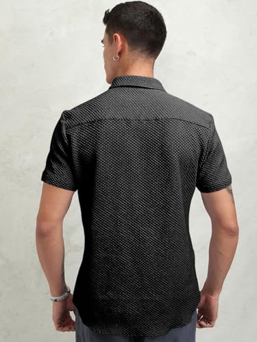 Image of Zombom Men's Poly Cotton Textured Short Sleeve Shirt | Slim Fit Casual Wear | Premium Stretch Fabric | Button Down Collar | Stylish Party Shirt for Men