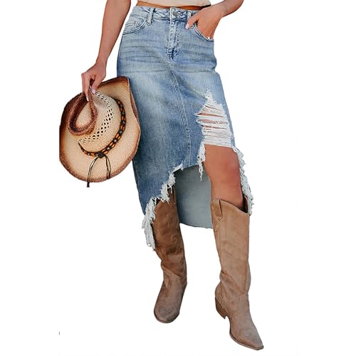 Women's Preppy Ripped Slit Denim Skirt Frayed Raw Hem Asymmetrical Trendy Midi Jean Skirts
