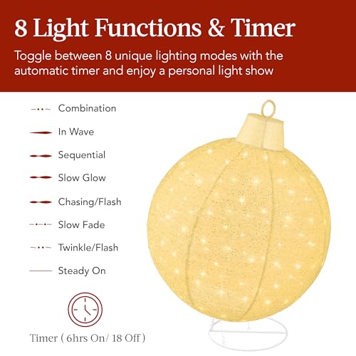 Best Choice Products 2pc Lighted Pop-Up Outdoor Christmas Ornament Set, Holiday Ball Decoration w/ 180 LED Lights, 8 Light Functions - Gold/White - Thumbnail 3