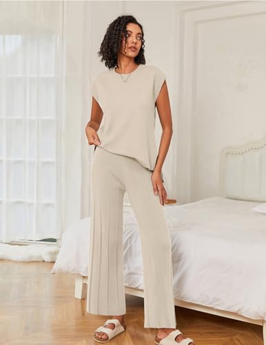 Image of Ekouaer Lounge Sets for Women Two Piece Outfits Knit Cap Sleeve Tops Wide Leg Pleated Pants Casual Dressy Sweater Sets