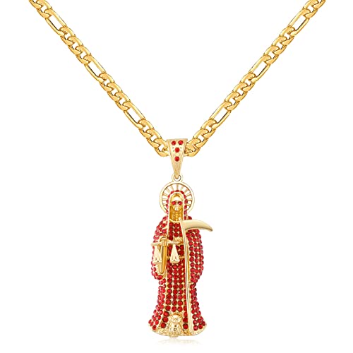 Santa Muerte Necklace Diamond 14K Gold Plated Santa Muerte Pendant Jewelry With Sickle Holiday Gift (Gold 202)