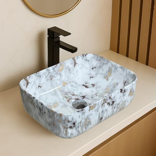 Image of Artiva Ceramic Wash Basin /Tabletop Washbasin For Bathroom,12 inchx16 inch /Small Countetop Bathroom Basin /Table Top Basin For Home,Office,Hotel /Rectangle Glossy Sink (Alaska-Gold,12x16 Inch)