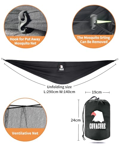 COVACURE Hängematte Outdoor Hängematte mit Moskitonetz - 350kg Belastbarkeit für 2 Personen 290 x 140 cm Ultraleicht Hammock Reise Gadgets für Camping Garten Survival Wander (Schwarz)