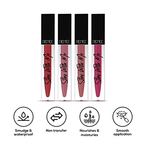 Image of RENEE Stay With Me Matte Liquid Lipstick, Long Lasting, Non Transfer, Water & Smudge Proof, Light Weight Liquid Lipstick, Party Combo of 4, 5ml